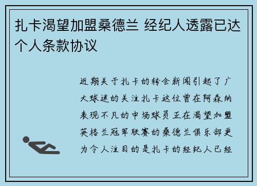 扎卡渴望加盟桑德兰 经纪人透露已达个人条款协议