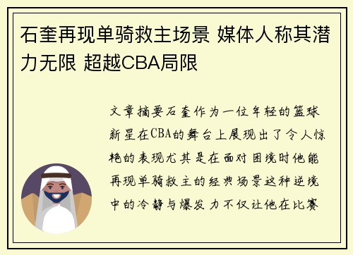 石奎再现单骑救主场景 媒体人称其潜力无限 超越CBA局限